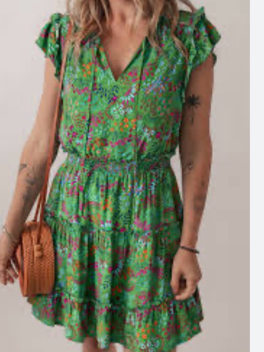 Baltic Born Green Floral Tiered V-Neck Mini Dress